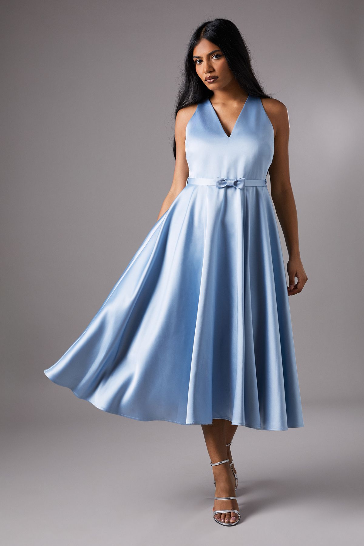 Coast Petite V Neck Sleeveless Bow Detail Twill Midi Dress Blue