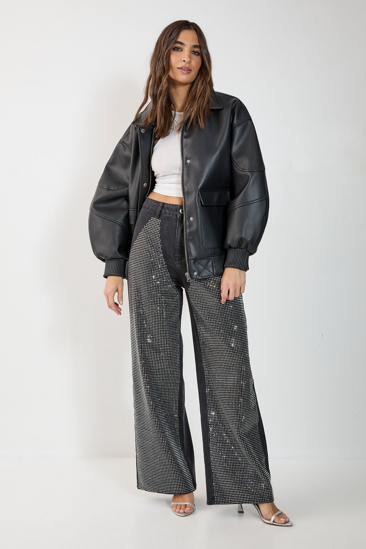 NastyGal Diamonte Denim Chap Jeans Washed Black