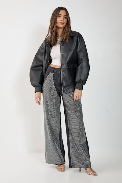 NastyGal Diamonte Denim Chap Jeans Washed Black