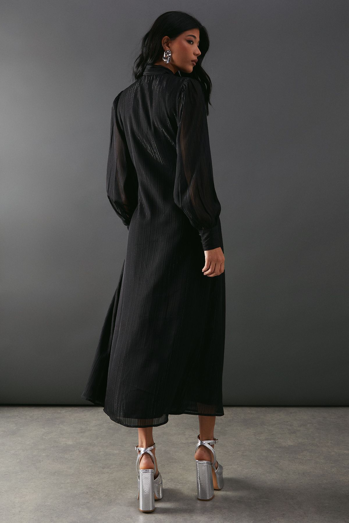 Warehouse Metallic Shadow Stripe Tie Neck Button Side Wrap Midi Dress Black image 3