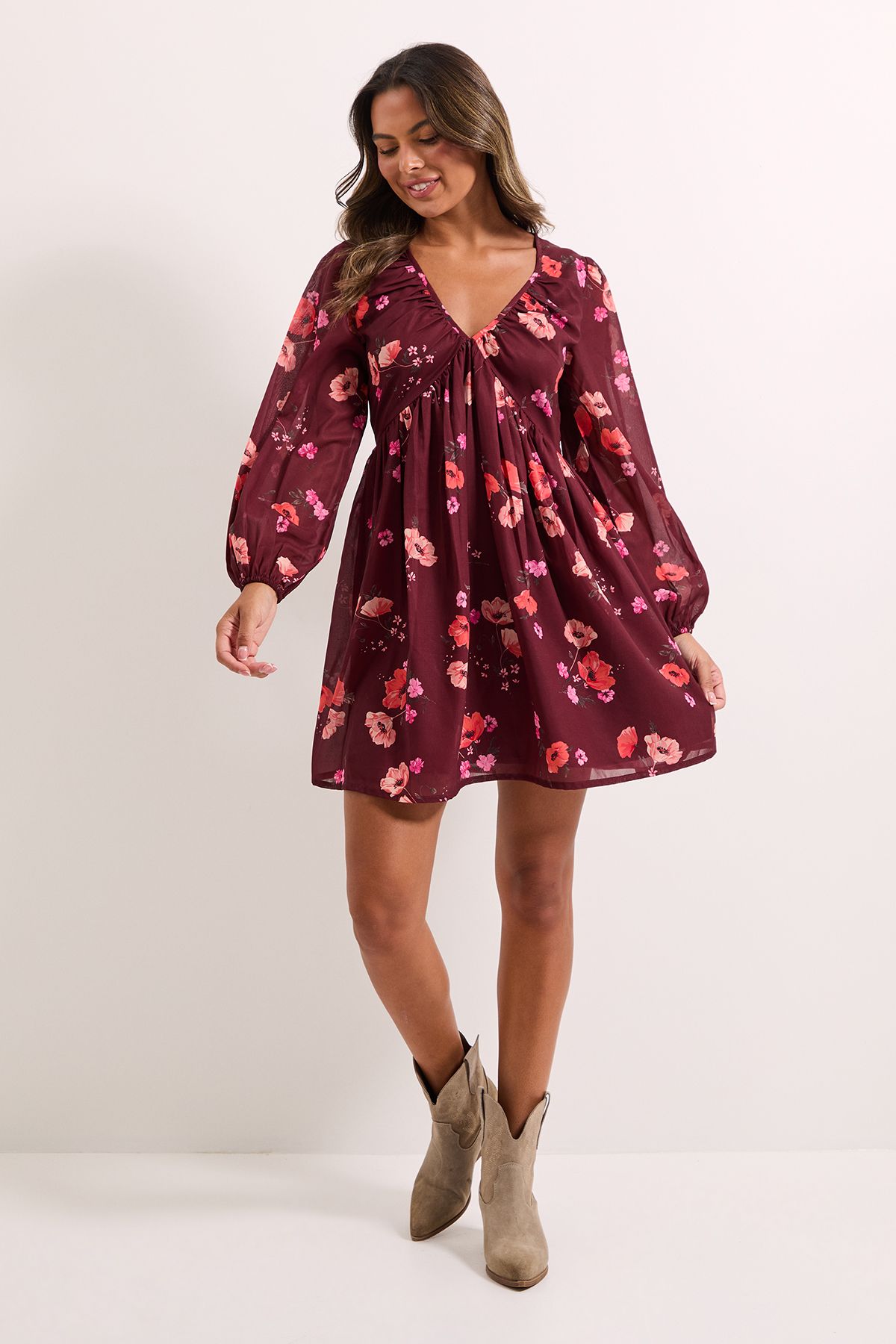 Dorothy Perkins Floral Empire Seam Blouson Sleeve Printed Mini Dress Floral