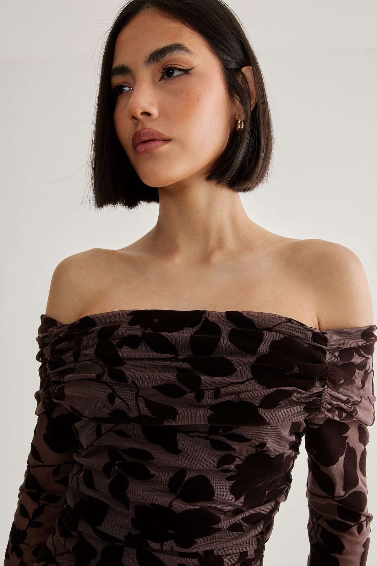 NastyGal Floral Devore Ruched Mini Dress Chocolate image 3