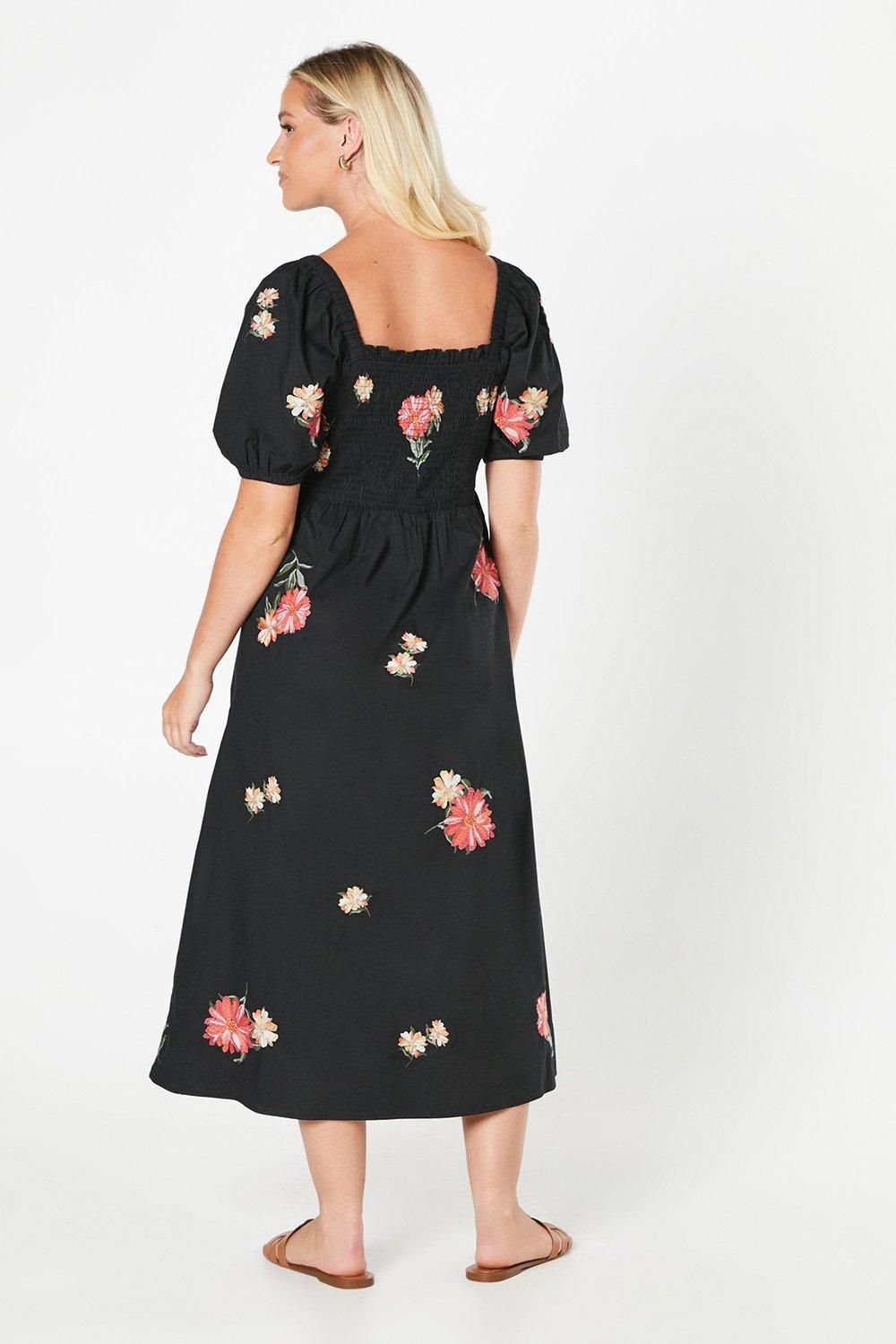 Dorothy Perkins Embroidered Poplin Shirred Bodice Midi Dress Mono image 3