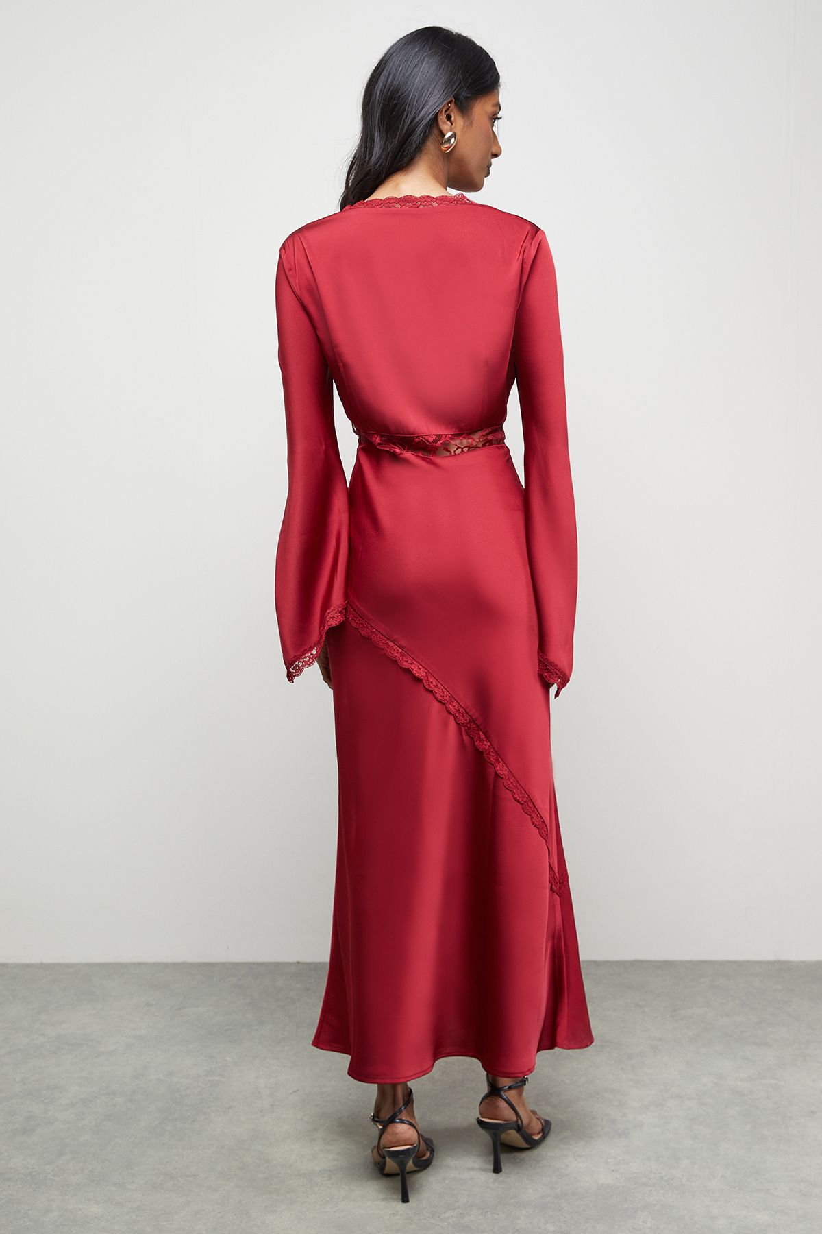 Warehouse Satin Lace Insert Flute Sleeve Midi Dress Dark Red image 3