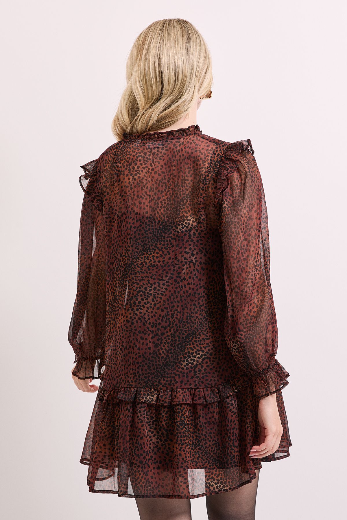 Dorothy Perkins Leopard Animal Printed Tiered Hem Tie Neck Shift Dress Leopard image 5