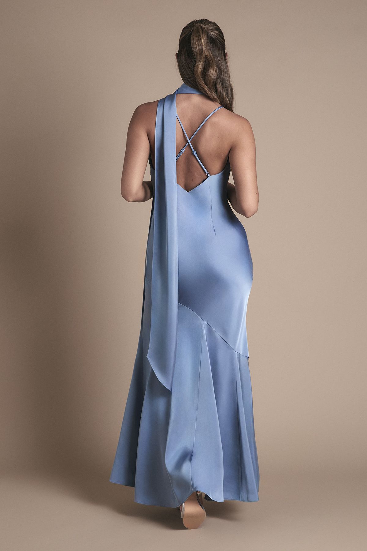 Oasis Satin Scarf Detail Strappy Maxi Bridesmaid Dress Dusty Blue image 4