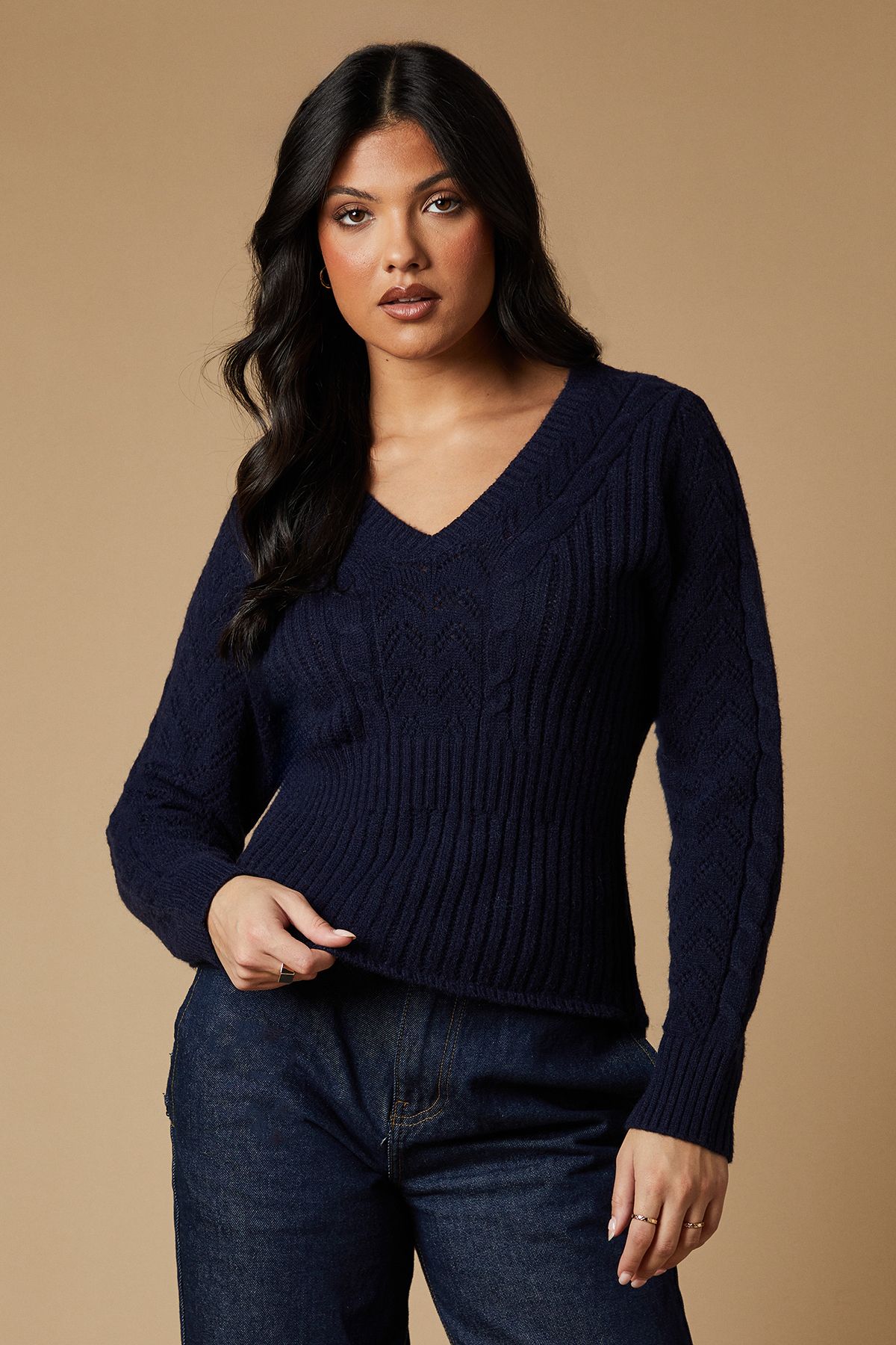 Oasis Pointelle And Cable Peplum V Neck Jumper Navy image 1