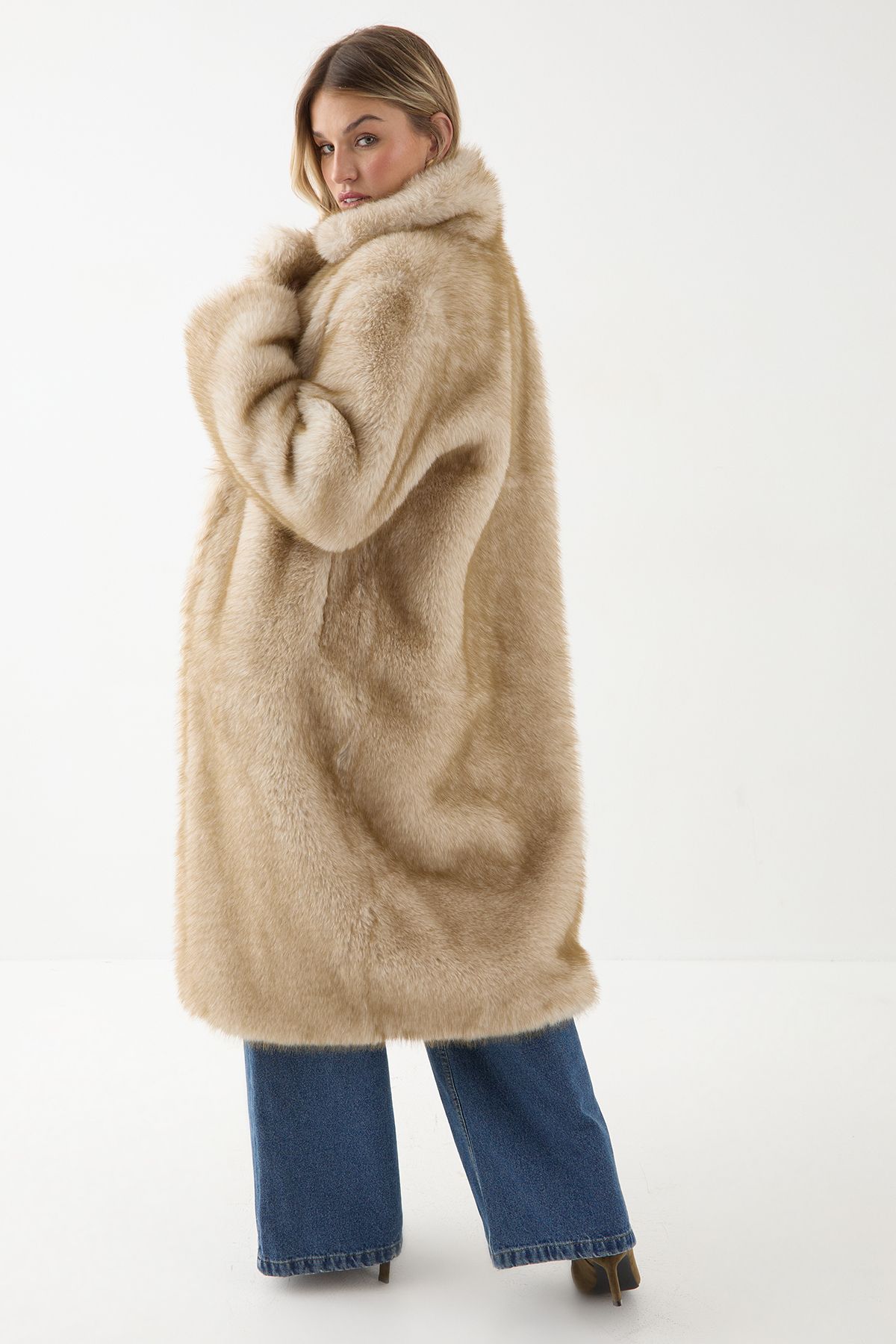 MissPap Collared Faux Fur Longline Coat Taupe image 3