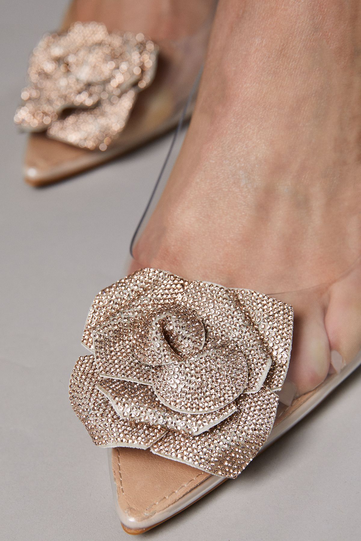 Coast Venessia Clear Vinyl Diamante Corsage Detail Heeled Court Shoes Rose Gold image 4