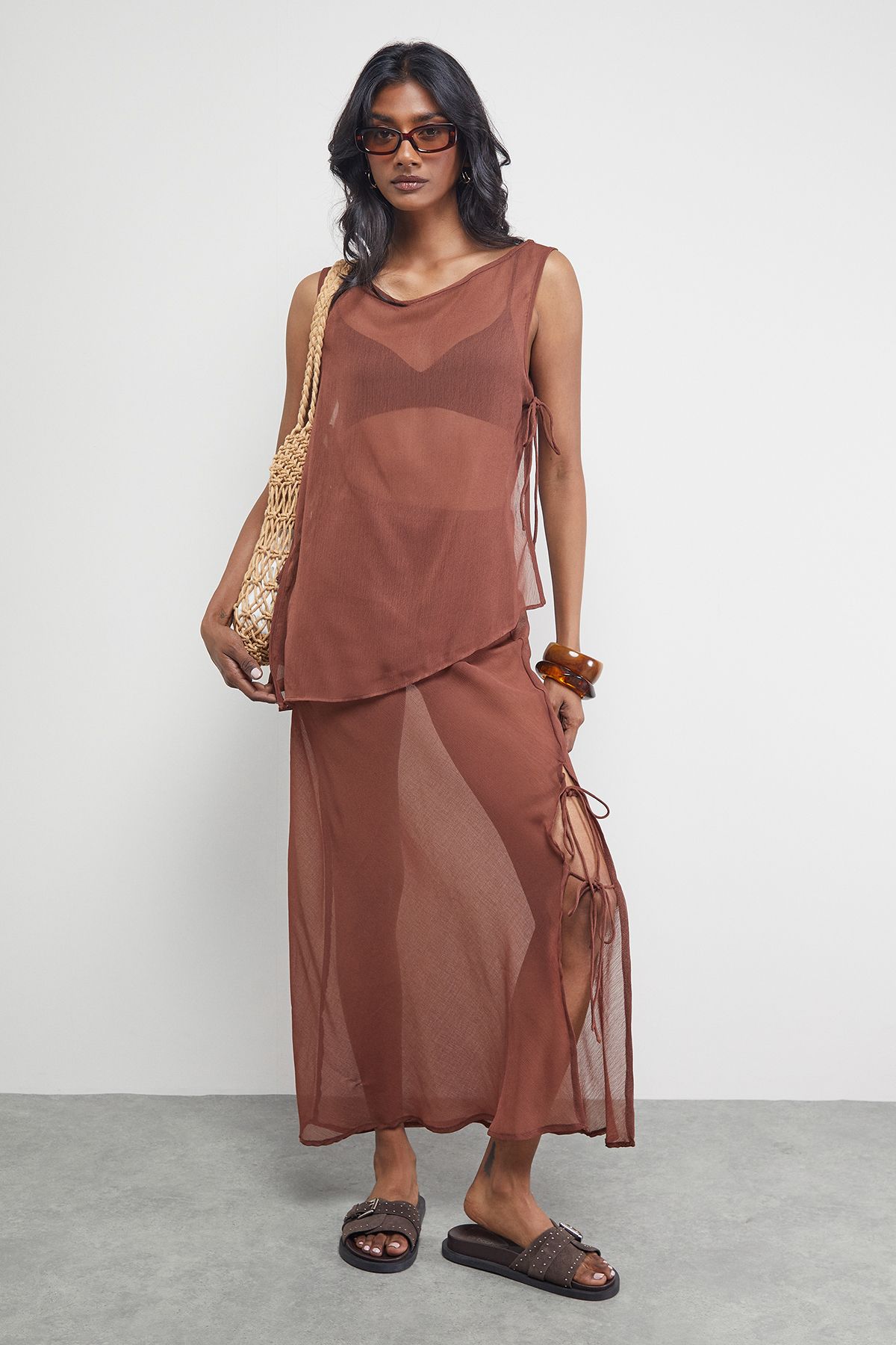 Warehouse Chiffon Tie Side Column Midi Skirt Chocolate image 1