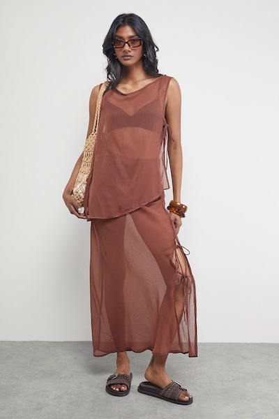Warehouse Chiffon Tie Side Column Midi Skirt Chocolate