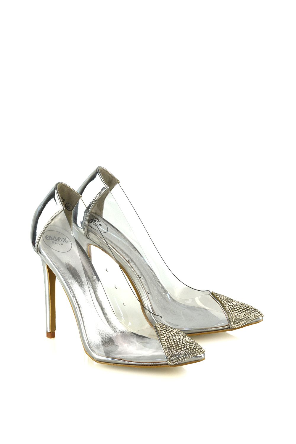 XY London 'Kaz' Pointed Toe Perspex Stiletto Court Heel Shoes With Diamante Detail image 4