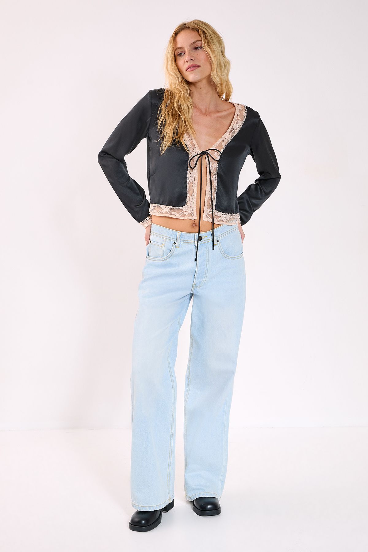 NastyGal Cutwork Lace Tie Front Long Sleeve Top Black image 2