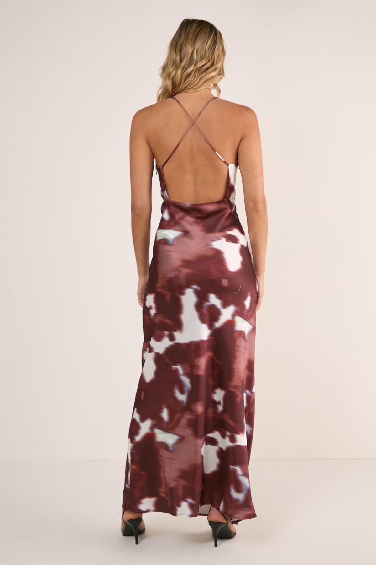 NastyGal Cow Satin Plunge Strappy Maxi Slip Dress Chocolate image 4