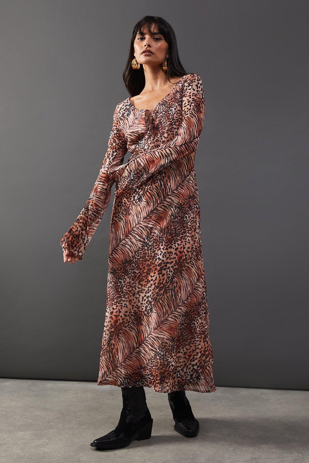 Warehouse Chiffon Tie Keyhole Front Bias Midi Dress Animal