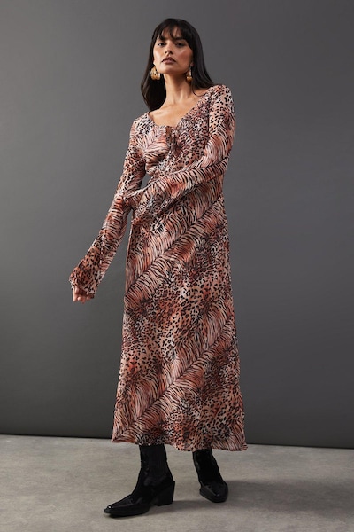 Warehouse Chiffon Tie Keyhole Front Bias Midi Dress Animal