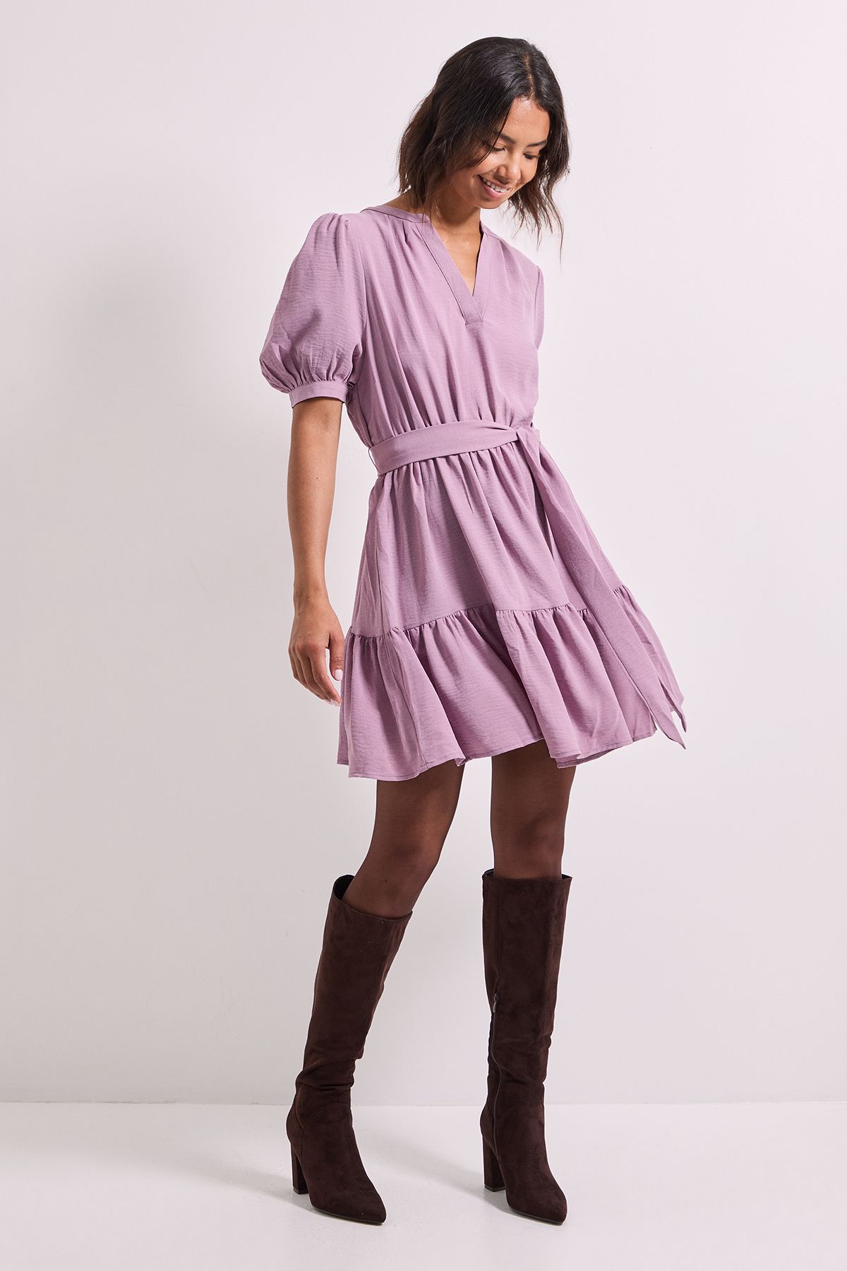 Dorothy Perkins Overhead Belted Puff Sleeve Mini Dress Dusty Rose image 1