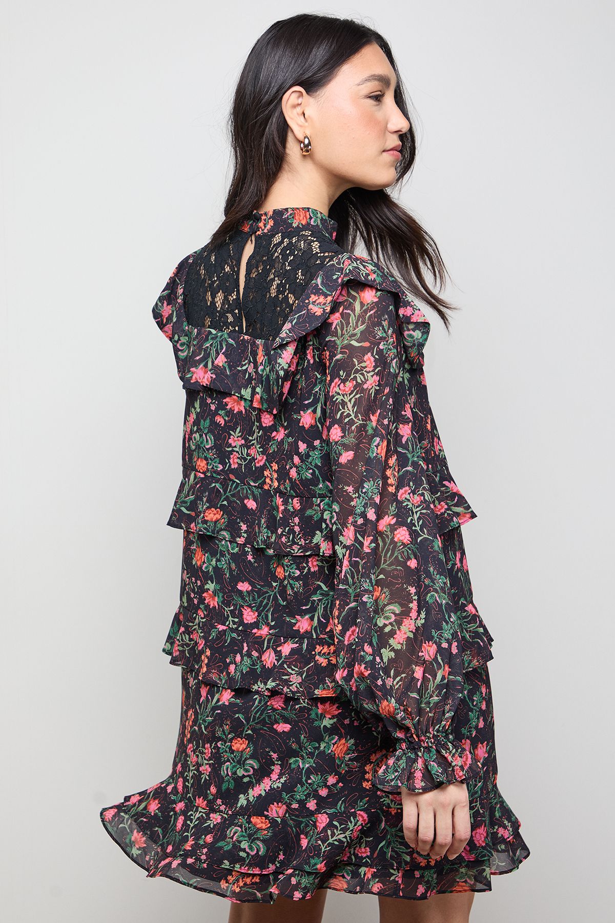 Oasis Printed Chiffon Lace Detail Tiered Long Sleeve Mini Dress Black image 3