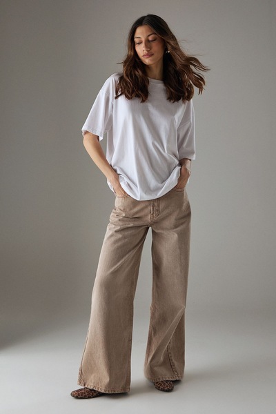 Warehouse Low Rise Wide Leg Denim Jean Tan