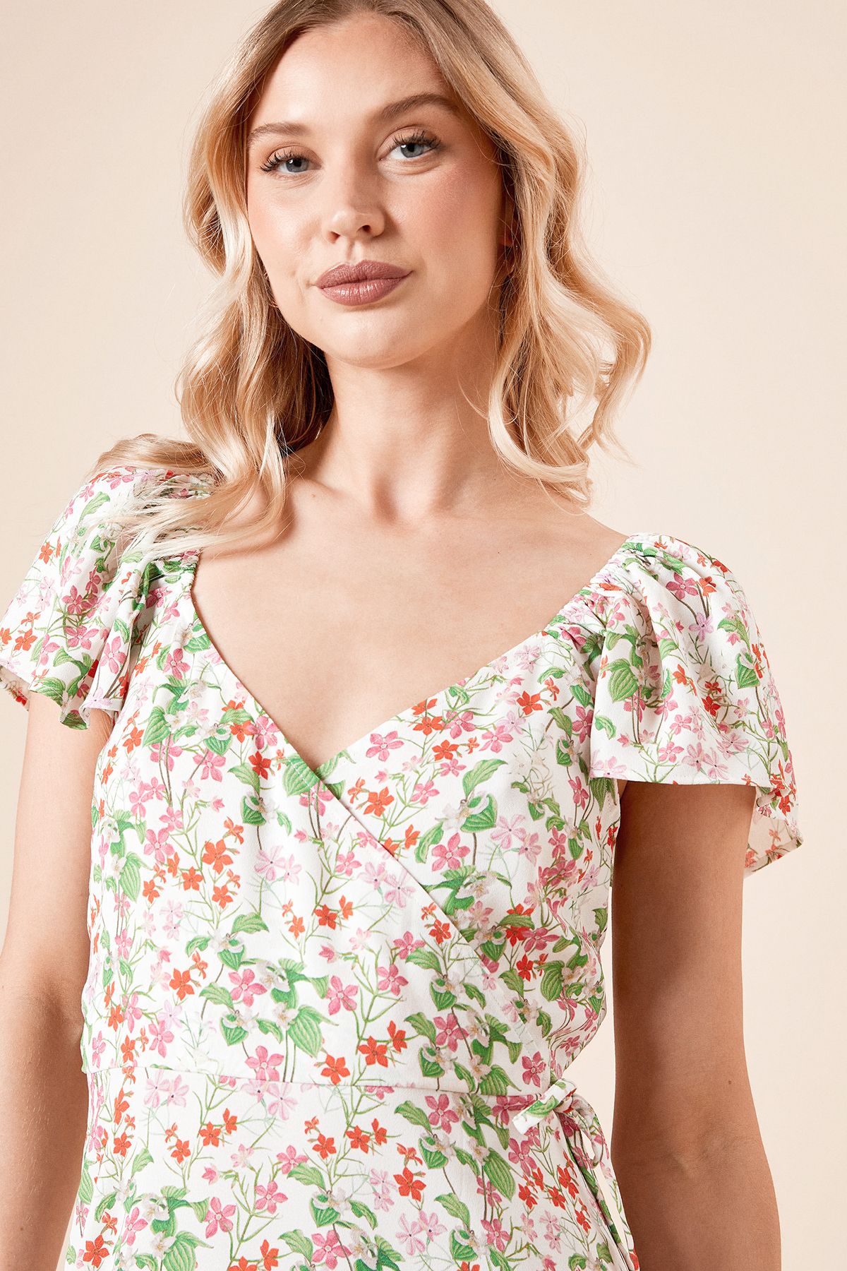 Dorothy Perkins Floral Wrap Front Frill Sleeve Tiered Midi Dress Floral image 4