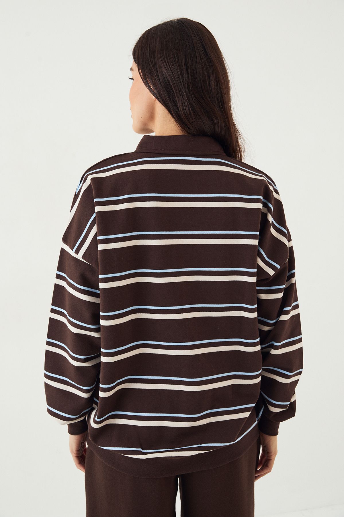 DSGN Studio DSGN Studio Stripe Collared Rugby Sweatshirt Dark Chocolate image 2