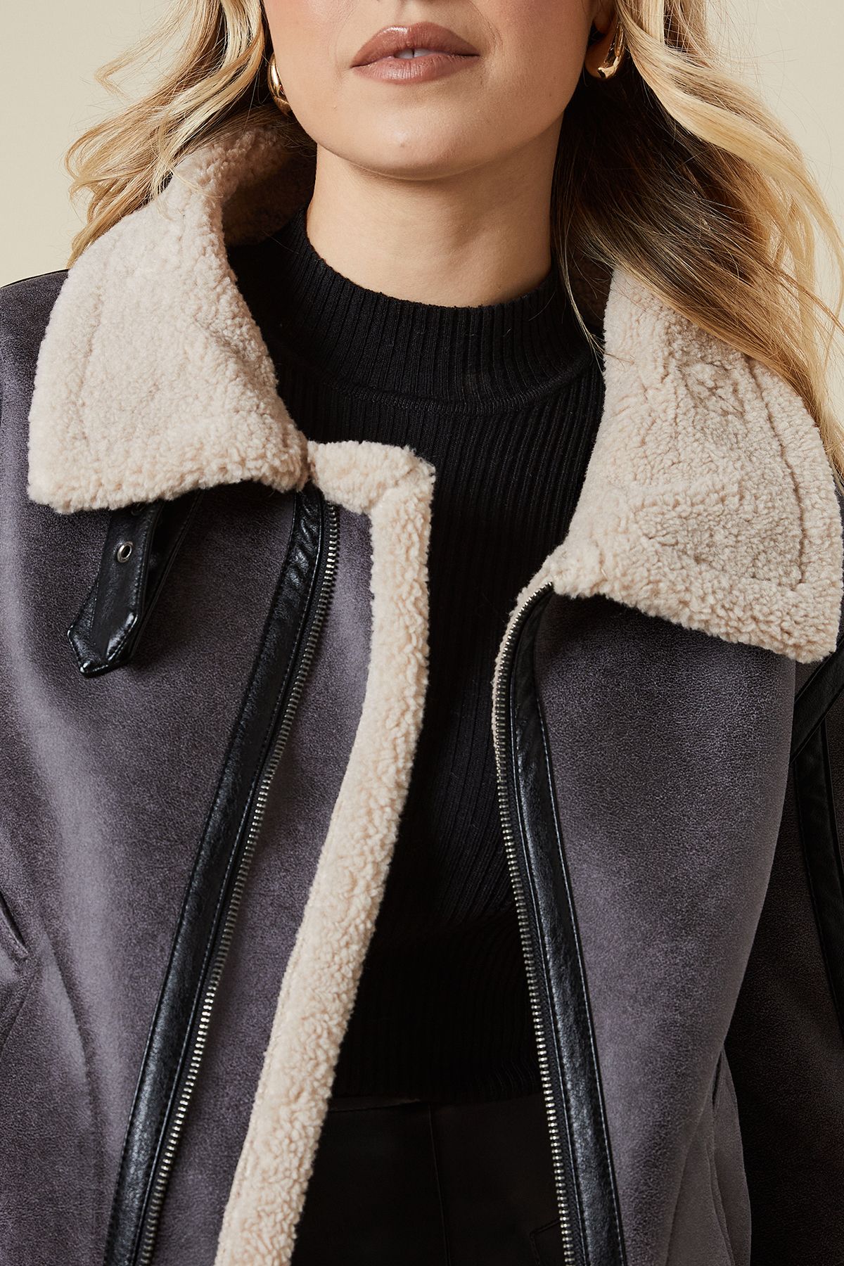 Oasis Faux Suede Borg Detail Aviator Jacket Black image 5