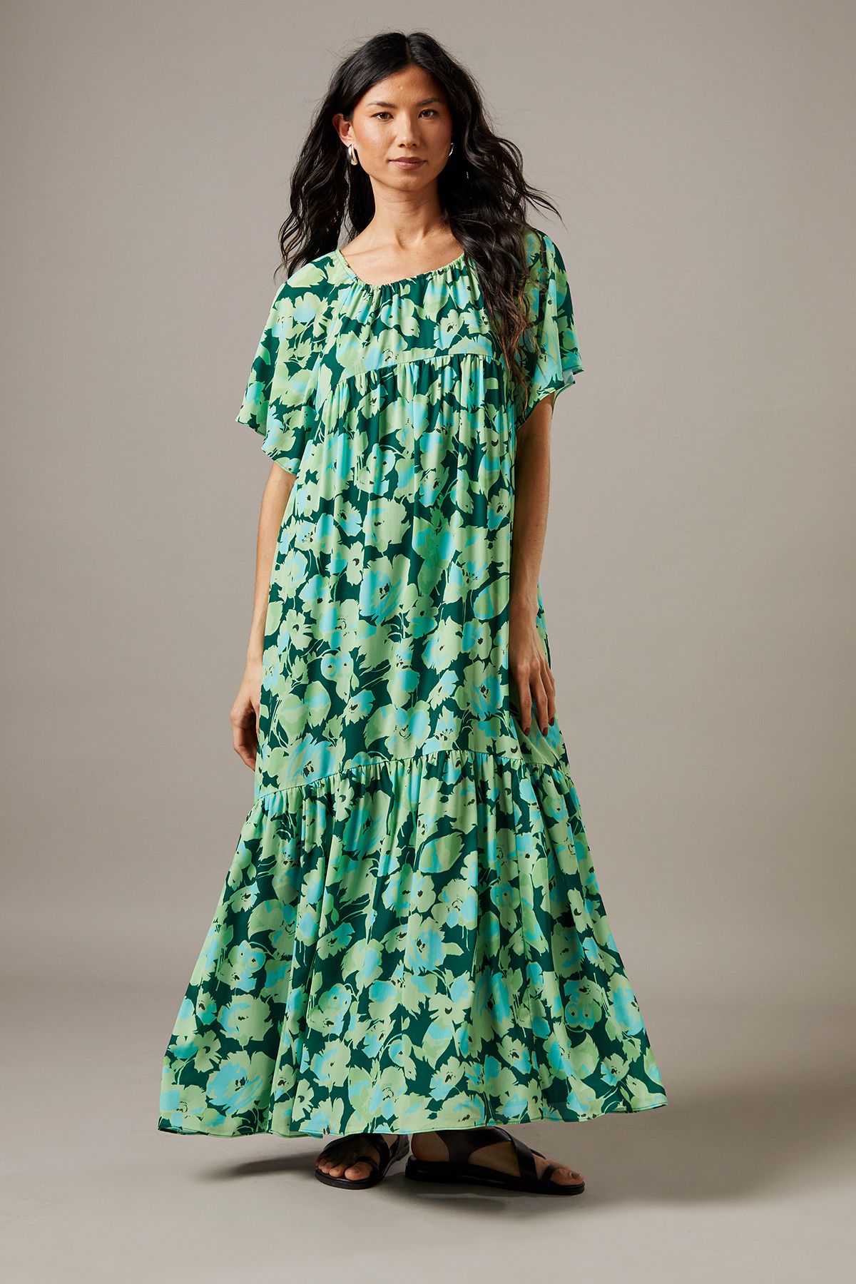 Warehouse Chiffon Tier Smock Midi Dress Floral image 1