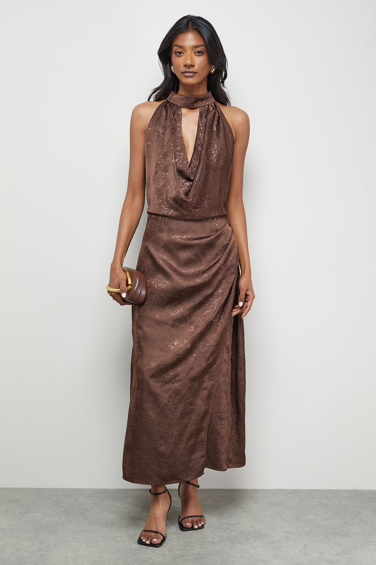 Warehouse Satin Jacquard Halter Keyhole Front Midi Dress Chocolate