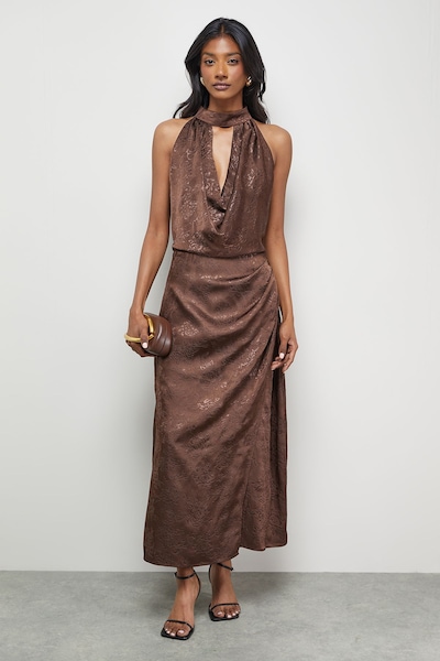 Warehouse Satin Jacquard Halter Keyhole Front Midi Dress Chocolate