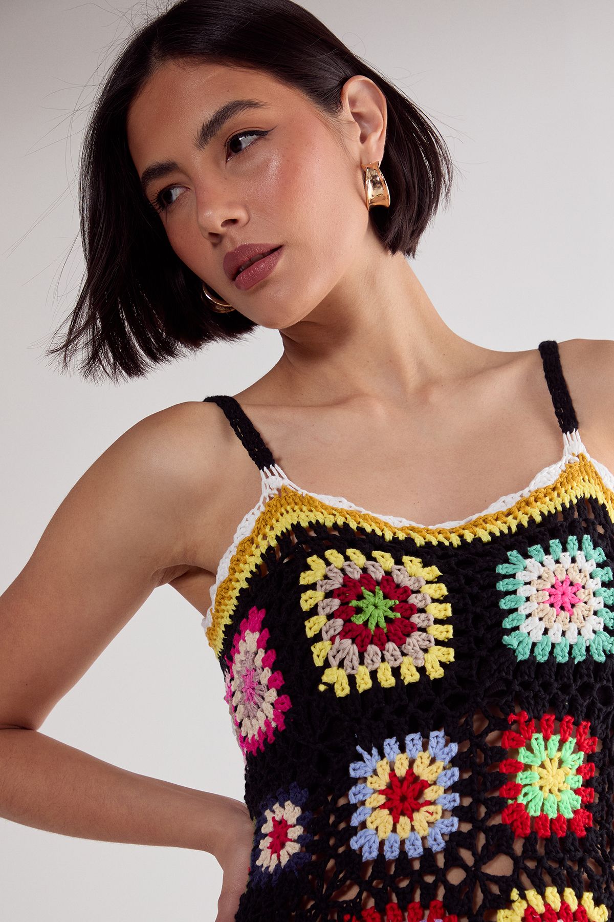 NastyGal Floral Hand Crochet Knitted Mini Dress Black image 3