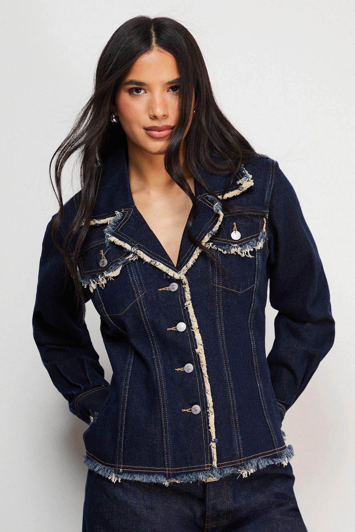 Warehouse Front Fitted Denim Jacket With Frayed Hem Indigo