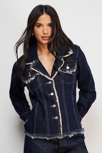 Warehouse Front Fitted Denim Jacket With Frayed Hem Indigo