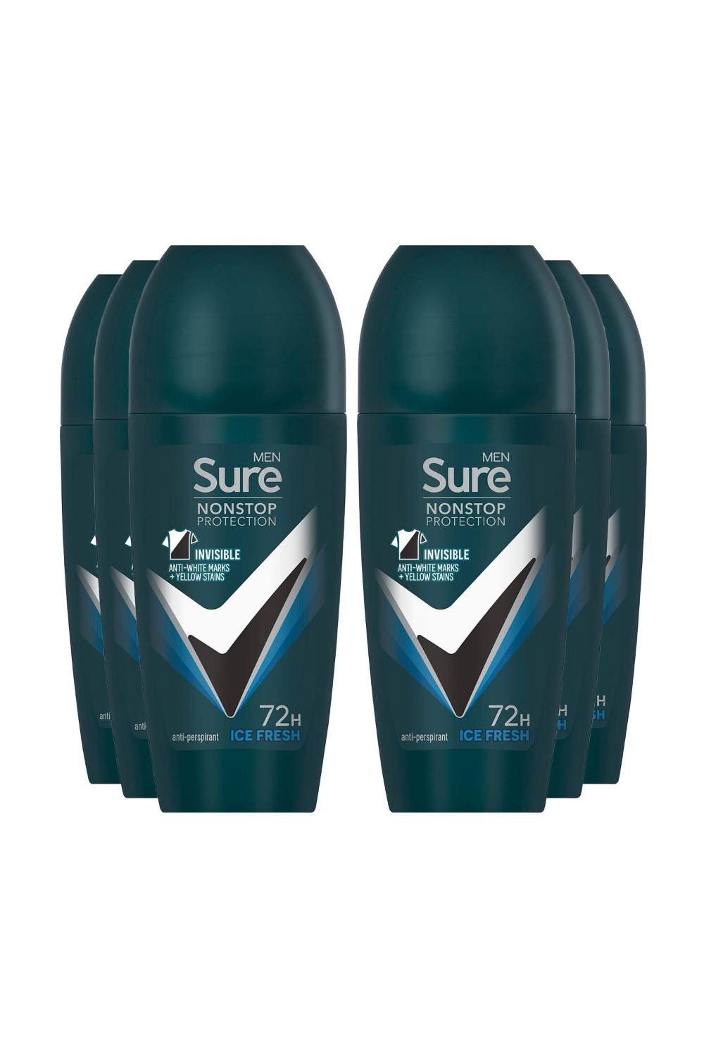 Sure Men 'Anti-Perspirant Roll On' 72H Nonstop Protection Ice Fresh, 6x50ml image 1