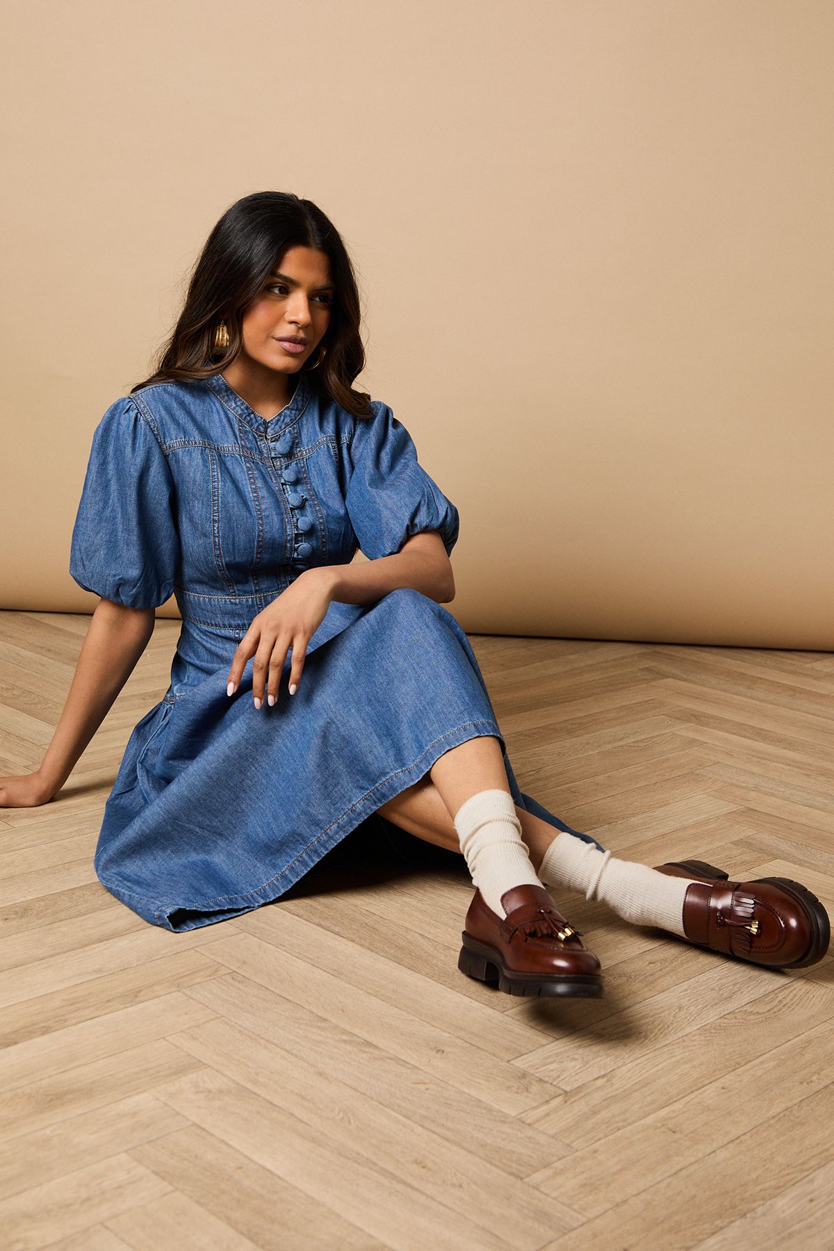 Oasis Brooke Real Leather Tassel Detail Chunky Loafers Tan image 2