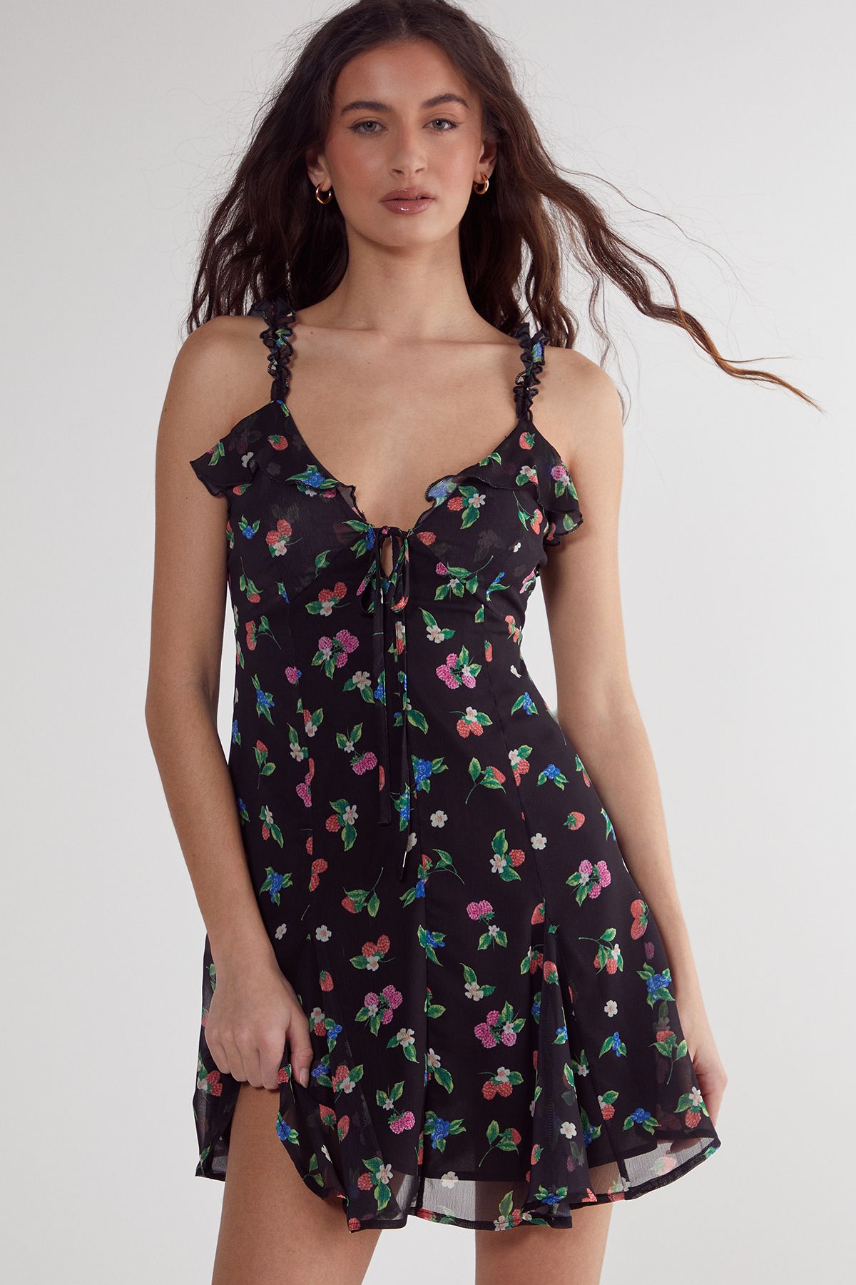 NastyGal (Az) Fruit Ruffle Tie Front Mini Dress Black