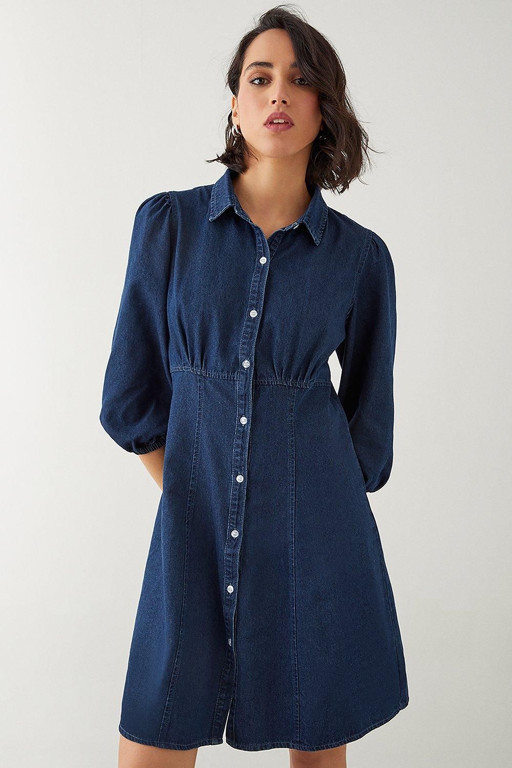 Dorothy Perkins Tall Puff Sleeve Soft Denim Dress Indigo