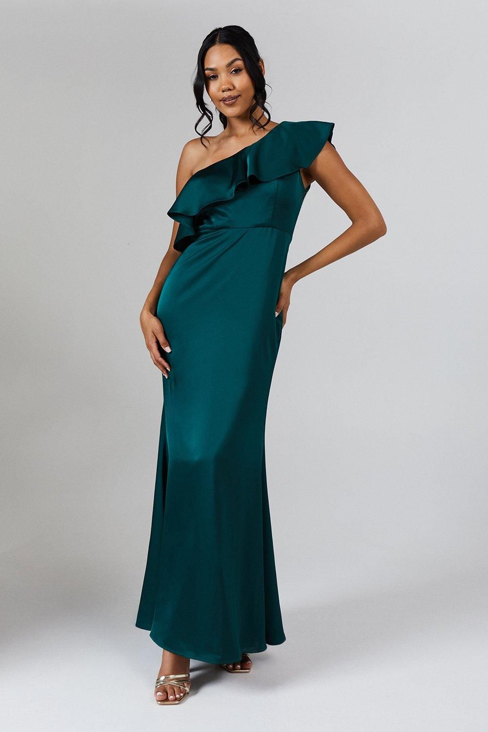 Coast Ruffle One Shoulder Satin Maxi Bridesmaids Dress Emerald image 1