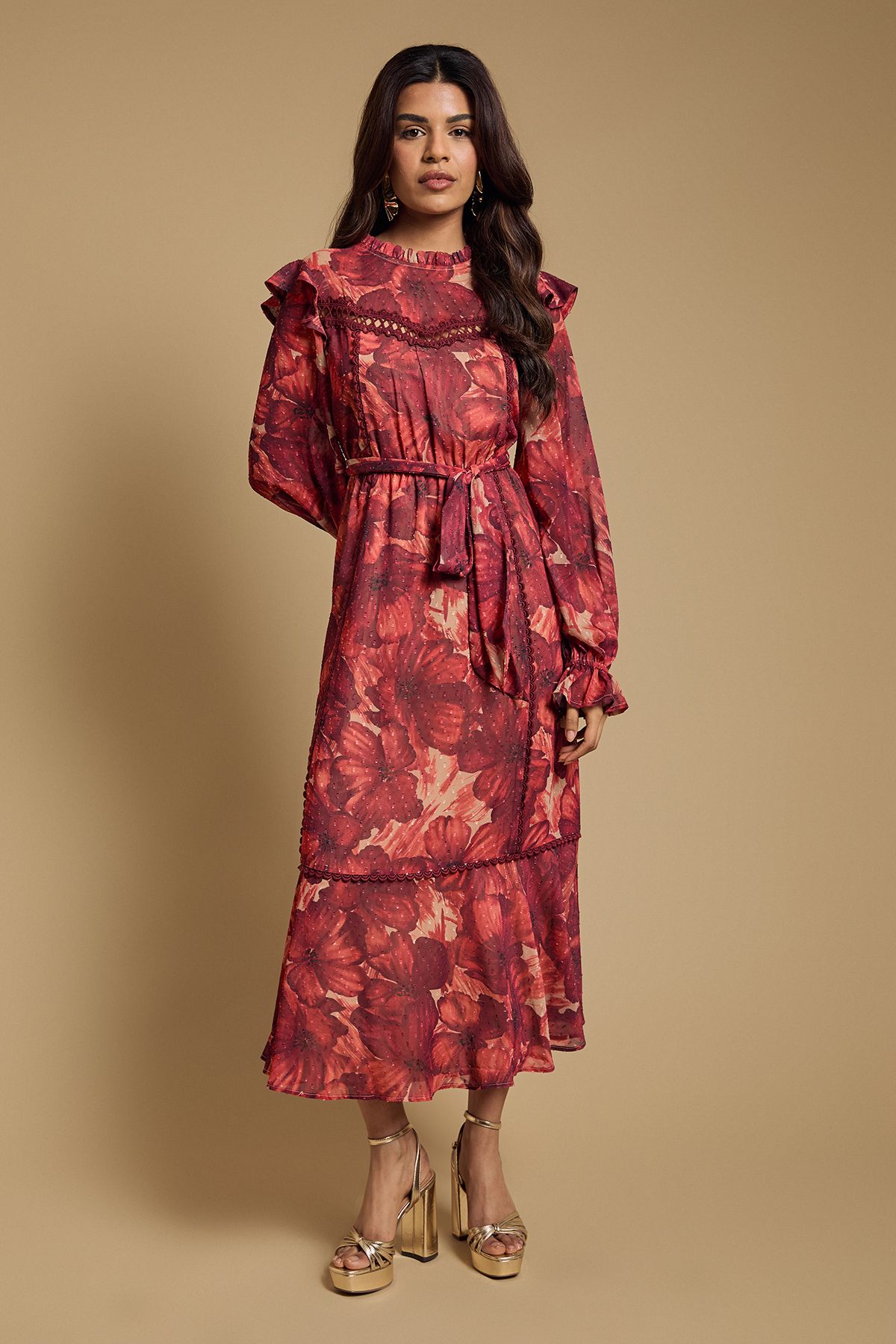 Oasis Petite Printed Dobby Chiffon Belted Waist Midi Dress Burgundy