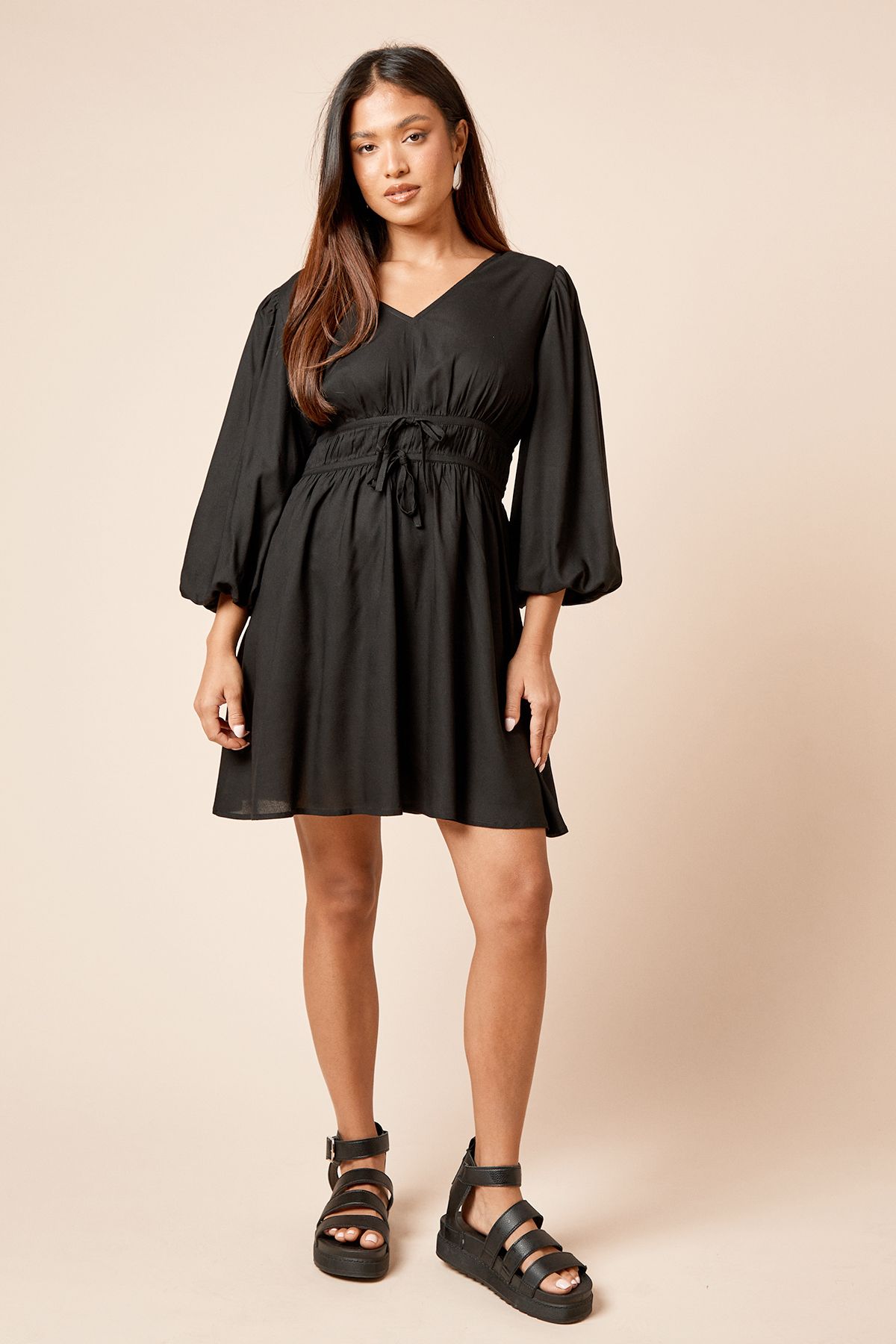 Dorothy Perkins Petite Tie Detail Blouson Sleeve Mini Dress Black image 2