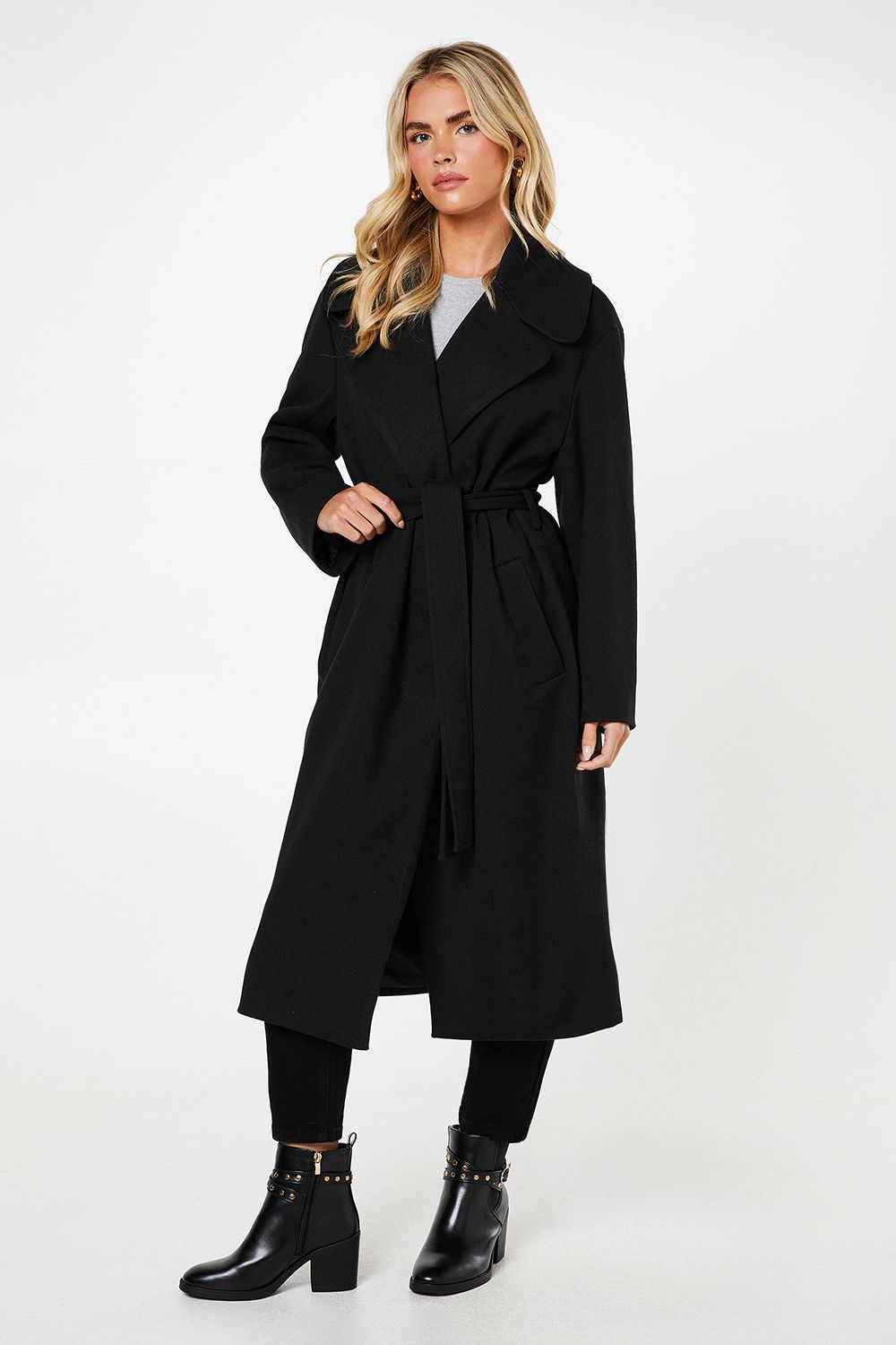 Dorothy Perkins Petite Herringbone Stripe Wrap Coat Black image 1