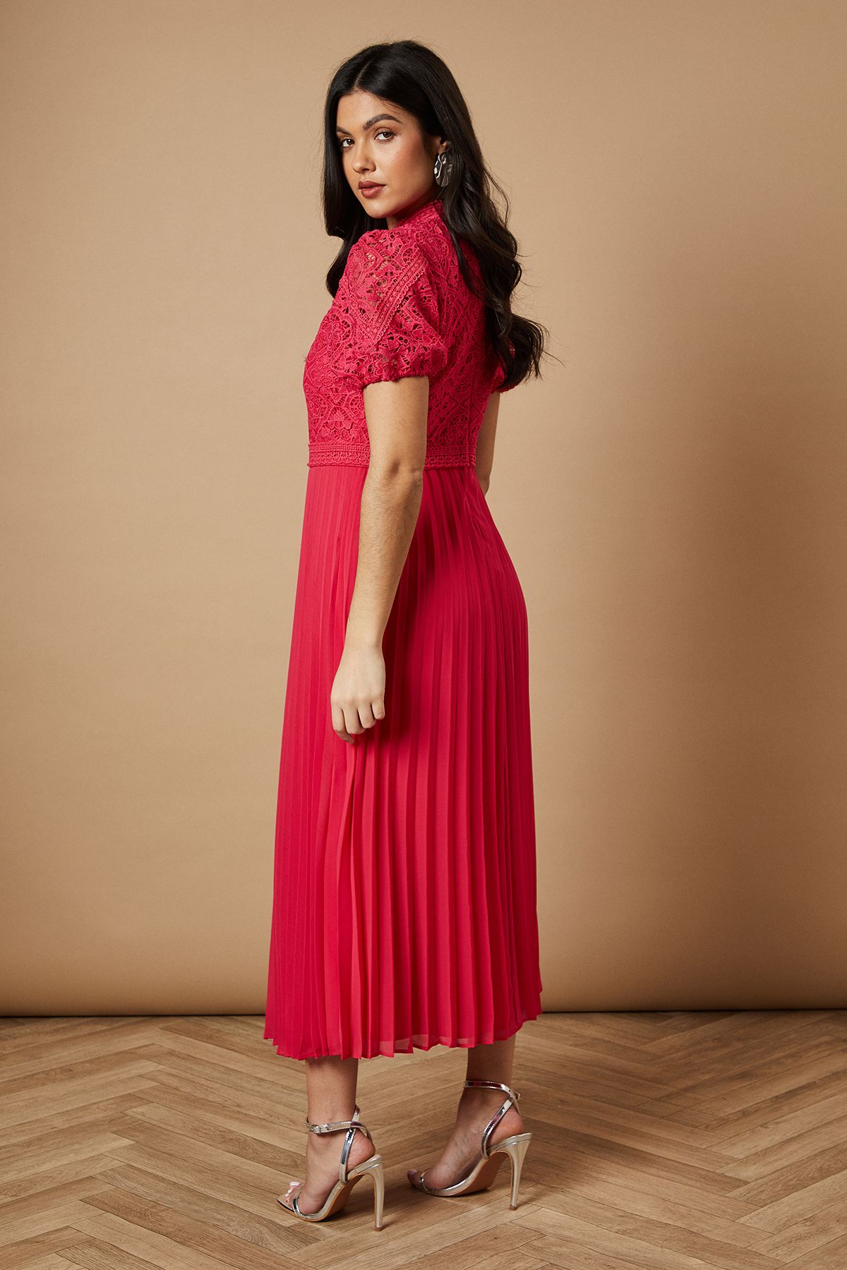 Oasis Lace Puff Sleeve Pleated Midi Dress Hot Pink image 3