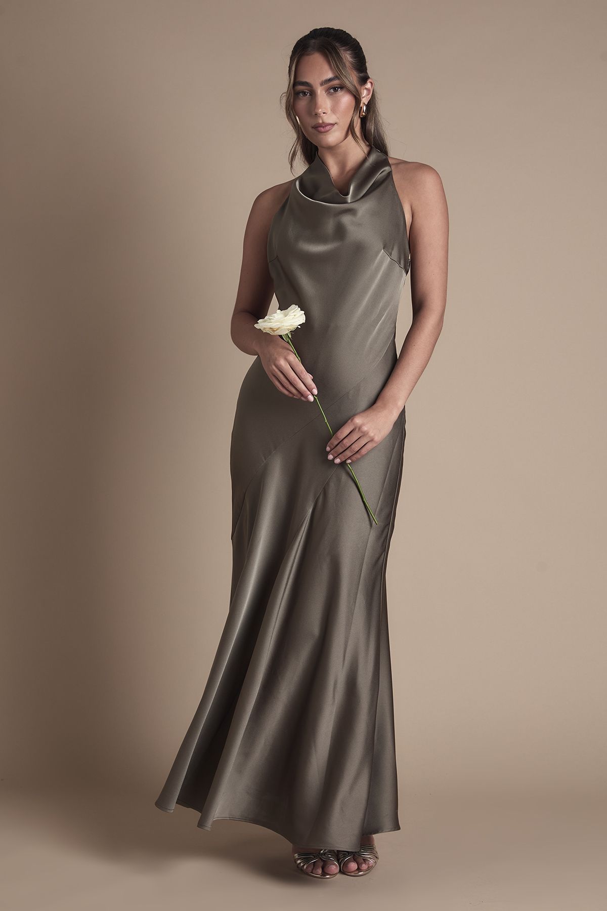 Oasis Oasis Cowl Halterneck Satin Maxi Bridesmaid Dress Olive image 1