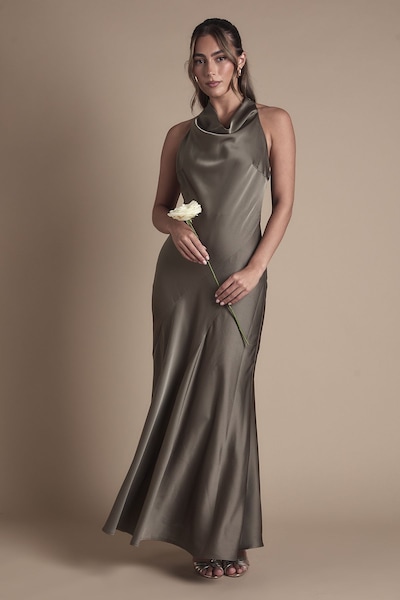 Oasis Oasis Cowl Halterneck Satin Maxi Bridesmaid Dress Olive