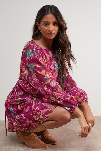 Oasis Printed Boho Tie Sleeve Mini Dress Multi