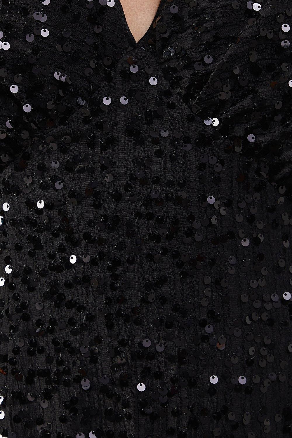 Warehouse Sequin Crinkle Batwing Plunge Neck Midi Dress Black image 5
