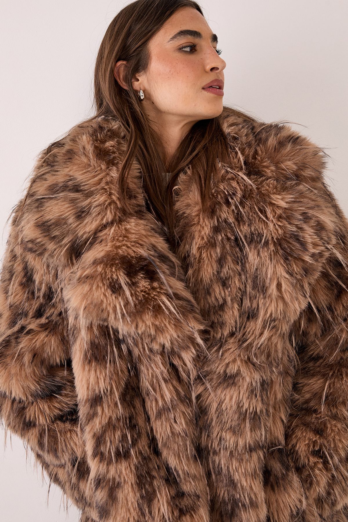 NastyGal Animal Leopard Print Collared Faux Fur Longline Coat Brown image 5