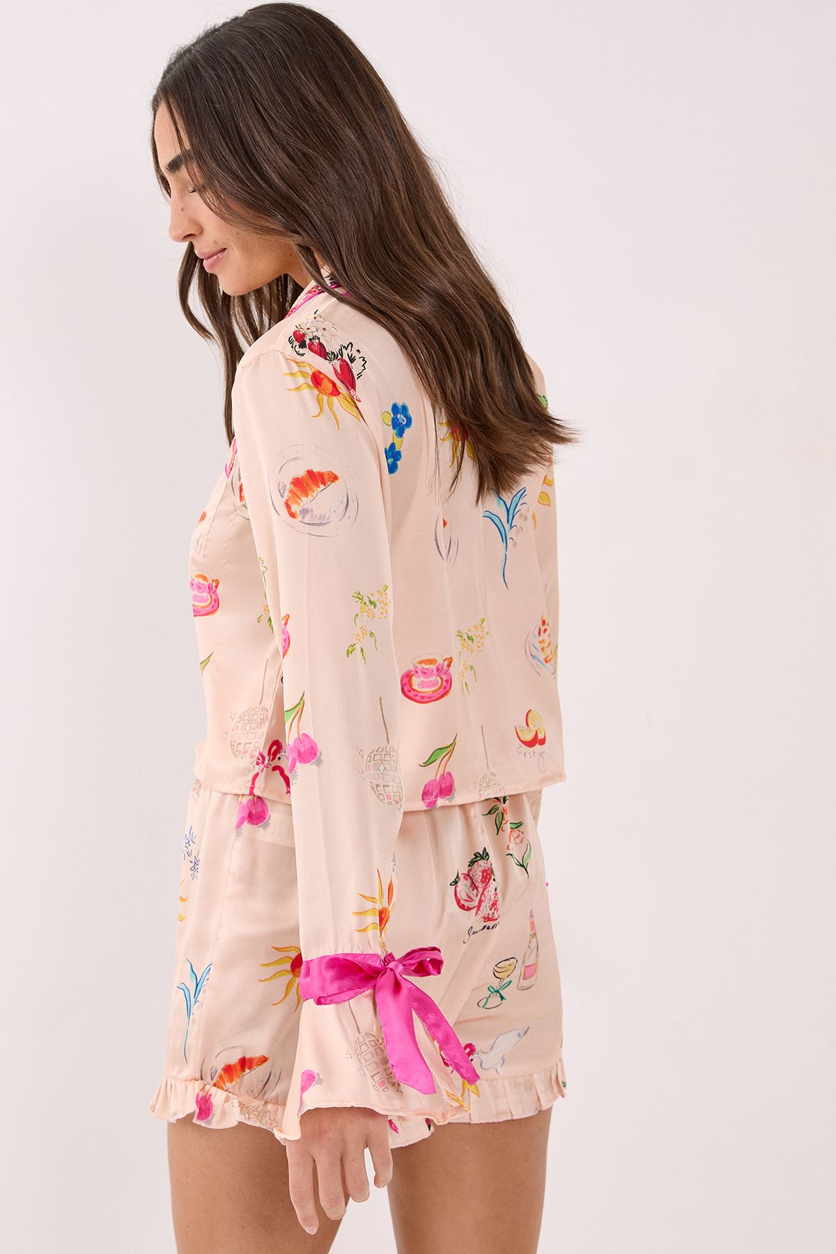 NastyGal Satin Conversational Contrast Tie Cuff Ruffle Pajama Shorts Set Champagne image 3