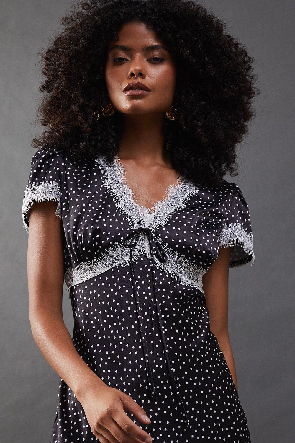 Warehouse Spot Satin Lace Trim Midaxi Tea Dress Mono image 4