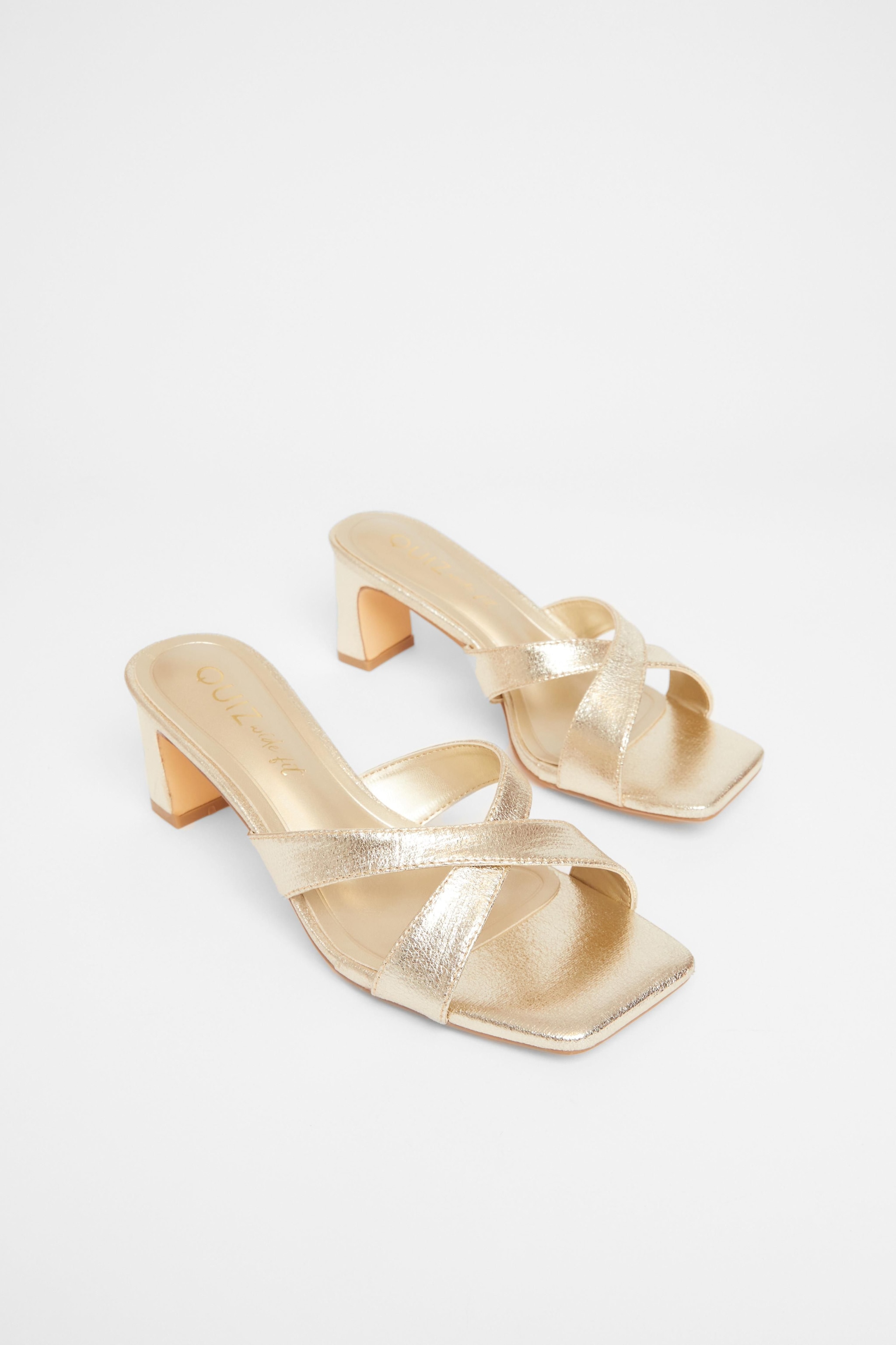 Quiz Gold Wide Fit Cross Strap Mule Heels image 2