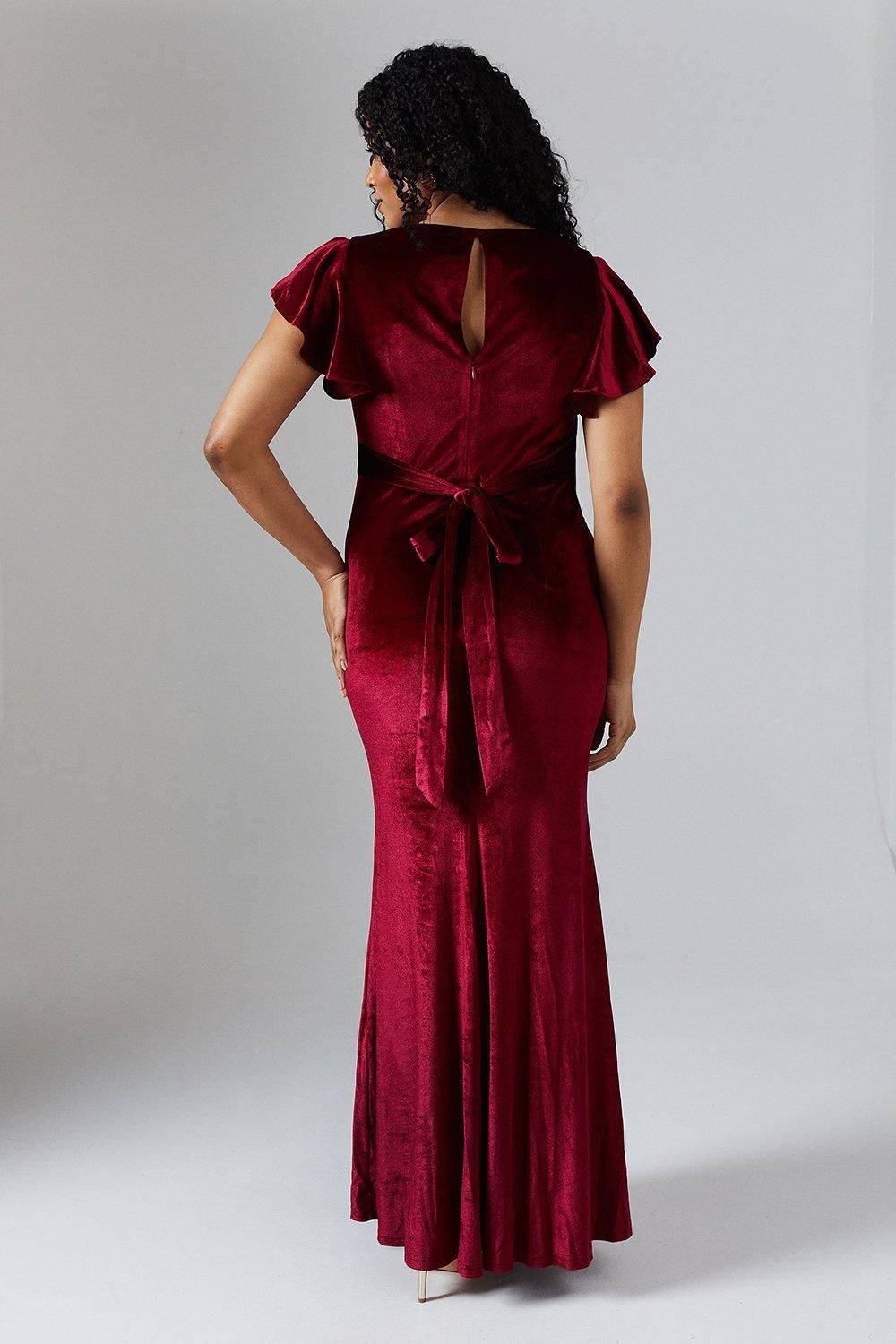 Coast V Neck Ruffle Sleeve Velvet Bridesmaid Dress Malbec image 4